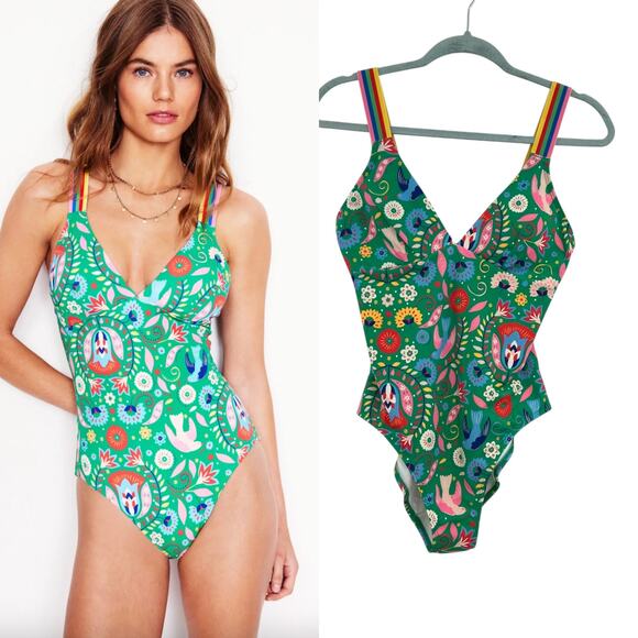 Boden Stripe Trim Swimsuit One Piece Decorative Garden Floral Green Size US 8 - Picture 1 of 11